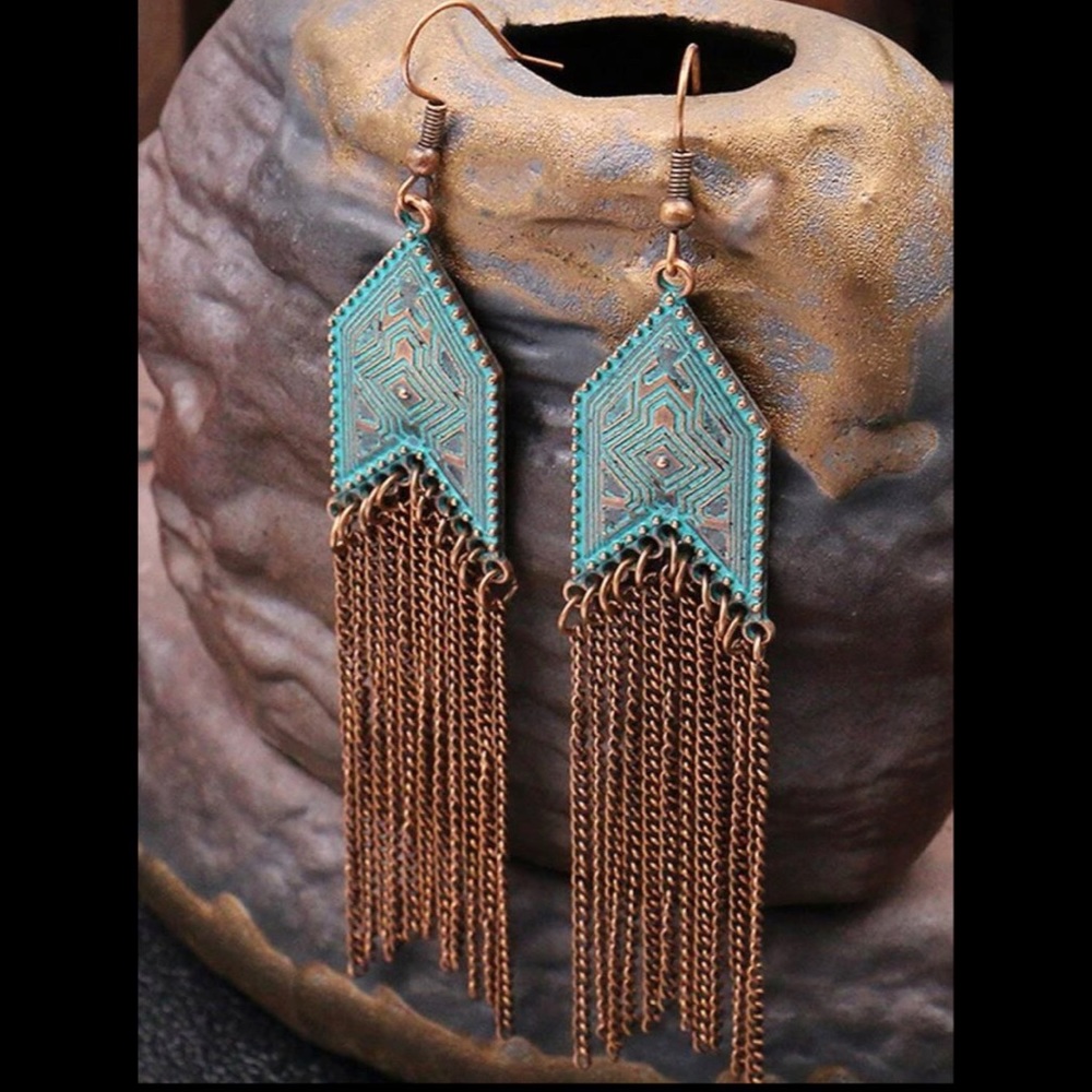 2/$25 or 3/$35 NWOT Turquoise & bronze boho southwestern fringe earrings - Picture 1 of 3